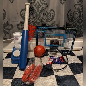 Kids Indoor Sports Set- Basketball Hoop w/Balls and Baseball Launcher + Bat